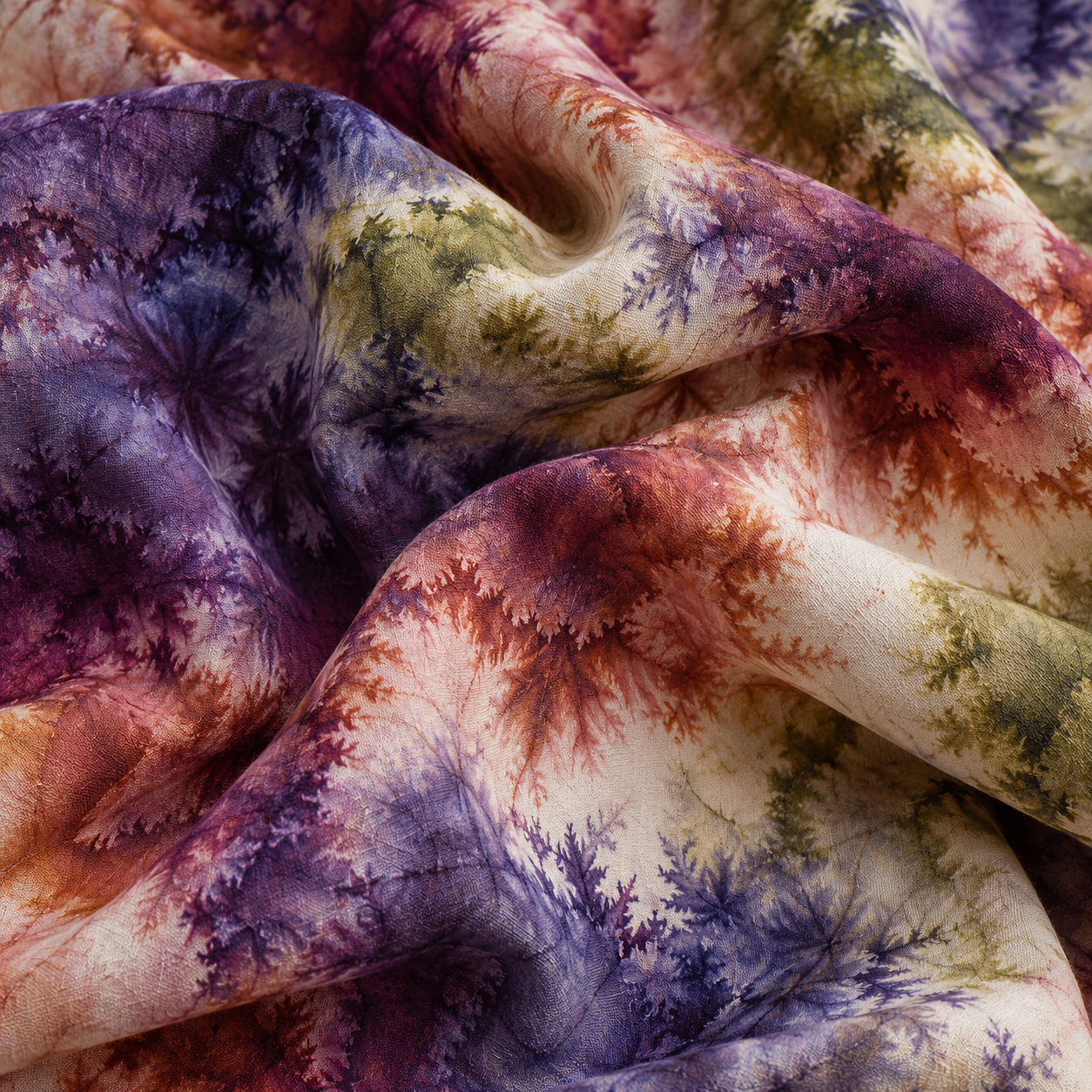 Illustrative close-up of flowing purple, rust, and olive ice-dyed fabric