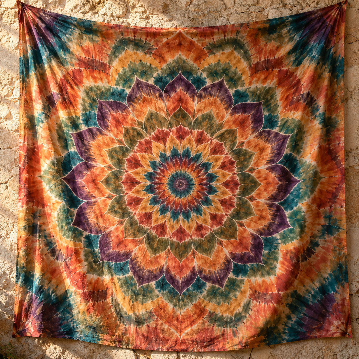 Illustrative sample of a detailed radial mandala on a cotton tapestry